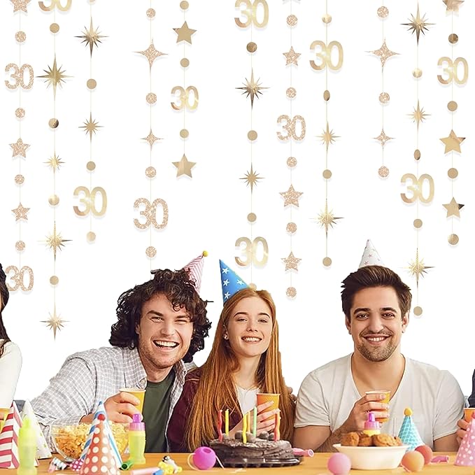 Champagne Gold 30th Birthday Decorations Number 30 Circle Dot Twinkle Star Garland Streamer Banner Backdrop for Womens Cheers to 30 Years Old Dirty Thirty Happy 30th Anniversary Party Supplies