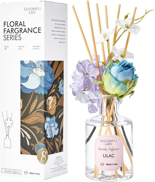 Chloefu Lan Lilac Reéd Diffuser Oil, 6.7 oz Refreshing Natural Essential Scented Oil with Purple Flower Diffuser Sticks,Bathroom Decor, Home & Office Decor,Diffuser Oil Gift Set