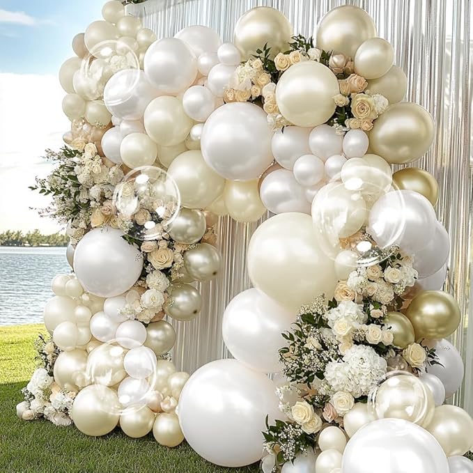White Gold Balloon Arch Double Stuffed Pearl White Sand Cream Gold Balloon Garland Kit Pearl Ivory Beige Balloons for Wedding Baptism Bridal Shower Birthday Baby Shower Bachelorette Party Decor