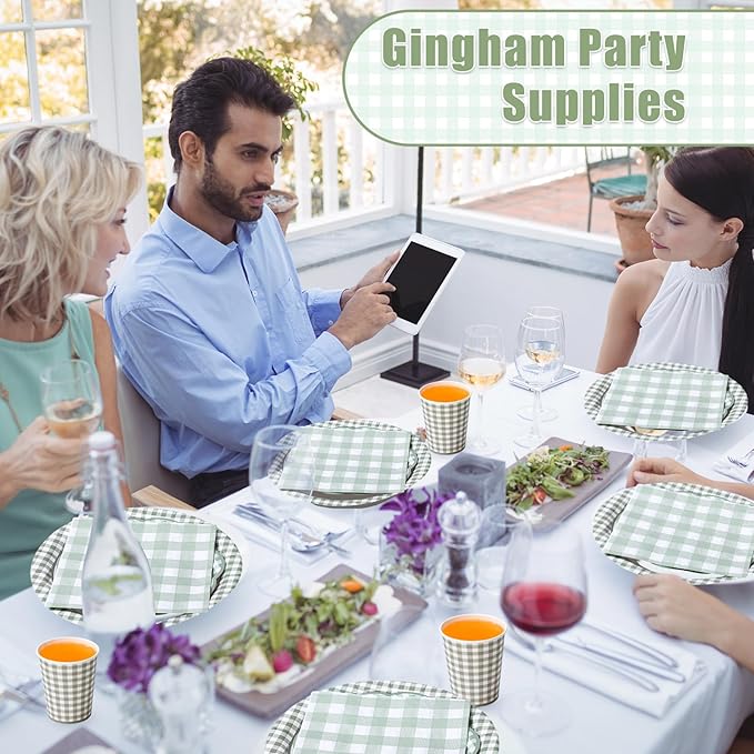 250 Pcs Sage Green Gingham Paper Plates and Napkins Party Supplies Green and White Checkered Disposable Plaid Tableware Set for Wedding Bridal Shower Farmer Market Picnic Party Decorations