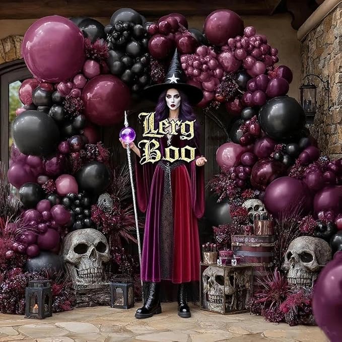 Dark Purple Black Balloons Garland Double Stuffed Black Burgundy Plum Balloon Arch Kit for Birthday Spooky Halloween Wednesday Vampire Gothic Dark Party Decorations