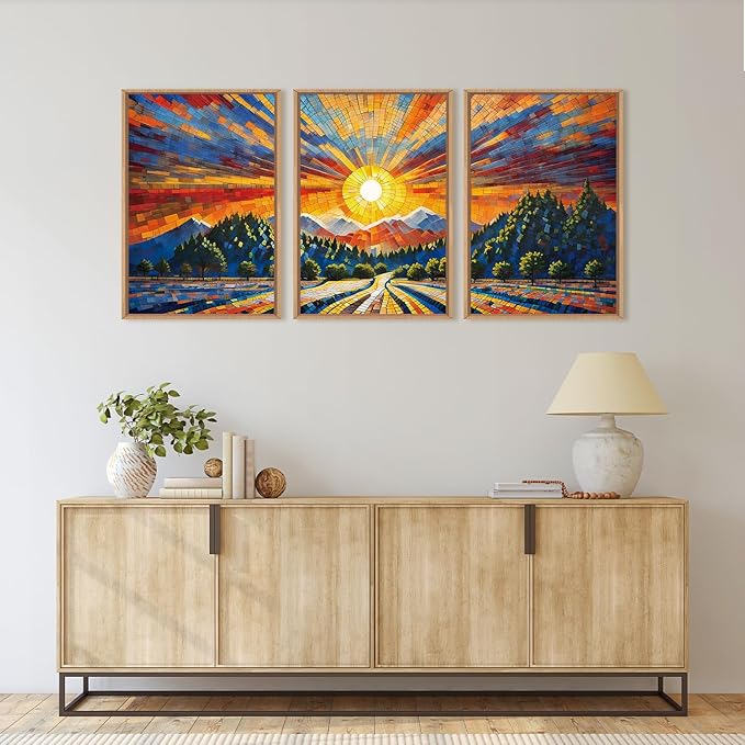 HOURIA Large Natural Mountain Forest Framed Canvas Wall Art Set,Wilderness Sunrise Wall Decor,Boho Pine Tree Square Ridge Artwork,Modern Field Art Print for Living Room, Office, Farmhouse- 16"x24"x3