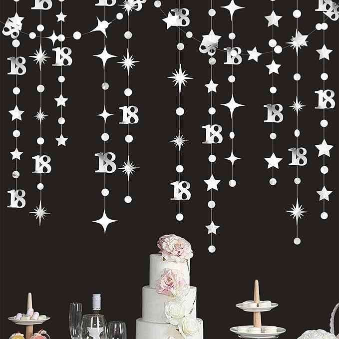 Silver 18th Birthday Decorations Number 18 Circle Dot Twinkle Star Garland Metallic Streamer Banner Backdrop for Girls Boys Happy 18th Birthday Time to Adult Cheers to 18 Years Old Anniversary Party