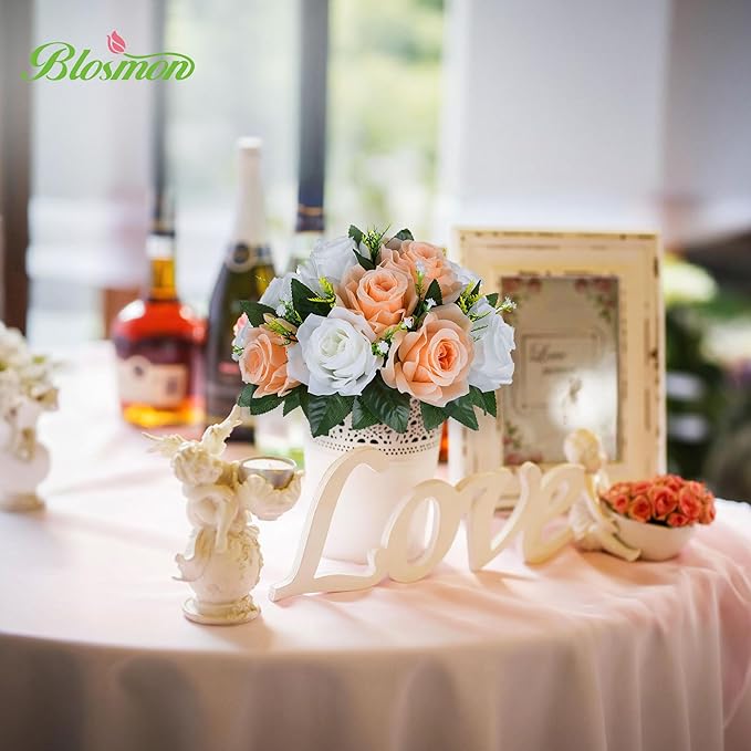 BLOSMON Flower Ball Centerpieces for Tables: 2pcs 9.5 Inch Peach Fuzz Fake Rose Flowers Kissing Balls Artificial Wedding Floral Arrangements Silk Bouquet with Base Home Party Room DIY Decorations