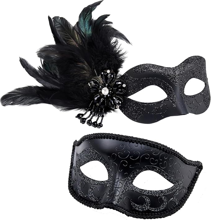 2025 New Masquerade Mask with Feather for Couples - Women's Masquerade Mask with Feather & Men Venetian Costume Mask