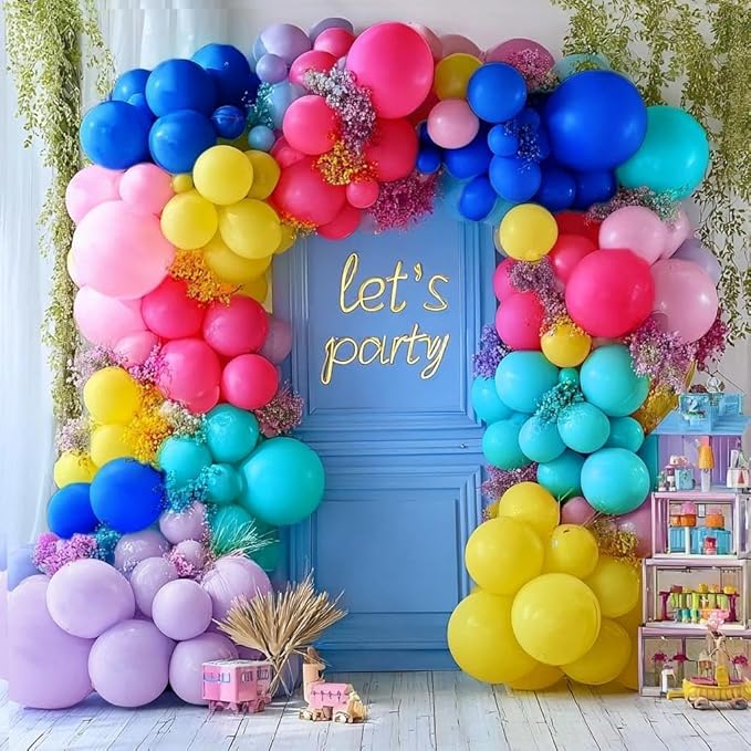 Hot Pink Blue Yellow Balloon Garland, Double Stuffed Royal Blue Fuchsia Pink Teal Lavender Balloons Pastel Lilac Yellow Balloon Arch Kit for Tropical Hawaii Aloha Luau Encanto Summer Party Decorations