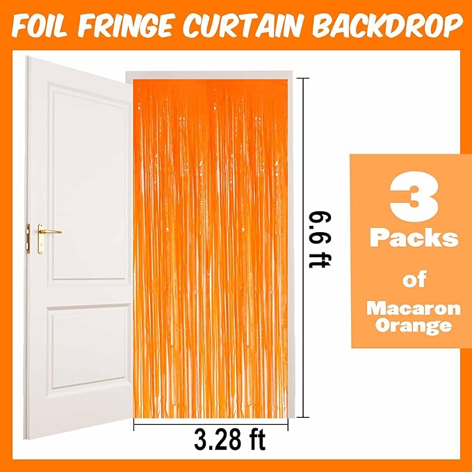 3 Pack Macaron Orange Foil Fringe Curtains Backdrop, 3.28 x 6.6 Ft Metallic Streamers Tinsel Curtains Background for Photo Booth, Birthday, Halloween, Christmas, New Year Party Decorations