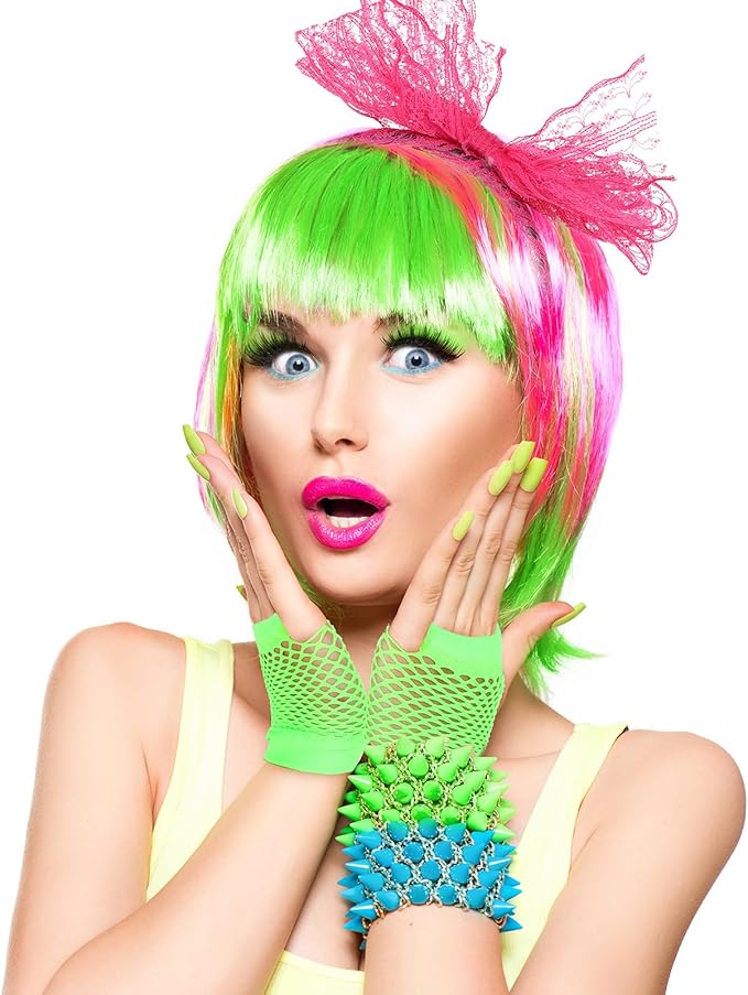 Handepo 19 Pcs 80s Costume Accessories Holographic Fanny Pack Leg Warmers Lace Headband Earrings Gloves Necklace Bracelet