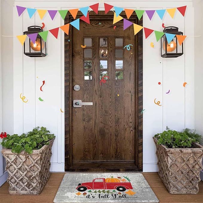 Fall Door Mat Outdoor for Front Door, Fall Decorations for Home Welcome Doormat Non-Slip Washable Autumn Pumpkins with Truck Doormat Entrance Rug for Indoor Outdoor, 24"x16"inch