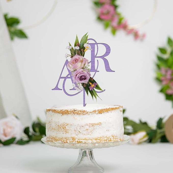 Wedding Cake Topper with 3D Artificial Flowers and Green Leaves Custom Initials Personalized Wooden Anniversary Cake Decoration (Lavender)