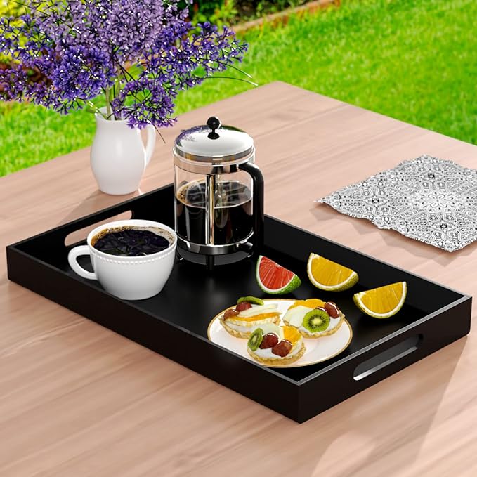 NIUBEE Acrylic Serving Tray 12x20 Inches -Spill Proof- Black Decorative Tray Organiser for Ottoman Coffee Table Countertop with Handles