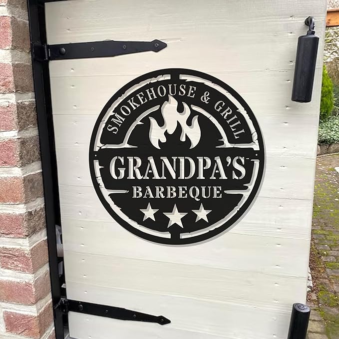 Personalized BBQ Metal Sign - Outdoor Patio Bar Grill Name Sign - Backyard Barbecue Wall Mount - Custom Father's Day, Birthday Gift for Dad, Husband, Grandpa