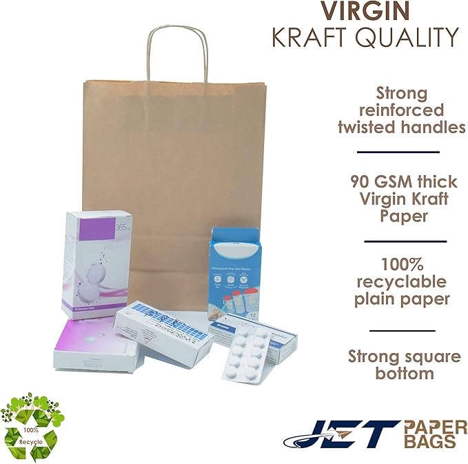 JET PAPER BAGS - 10”x5”x13” Inch [50 Pcs] Brown Paper Bags with Handles Prime for Takeout, Grocery, Goody, Retail, Party, Gifts, Weddings - Recyclable Kraft Paper Gift Bags with Handles