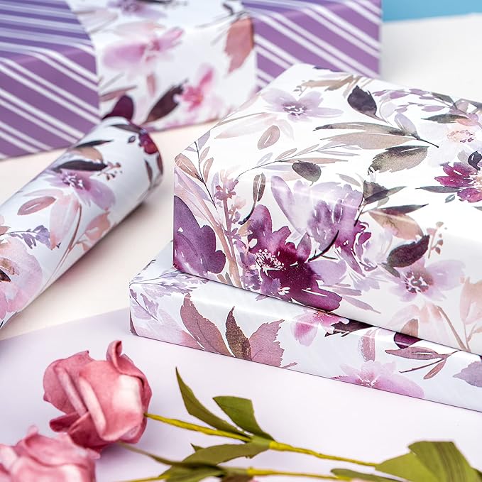 WRAPAHOLIC Reversible Floral Wrapping Paper - Mini Roll - 17 Inch X 33 Feet - Purple Floral Design for Wedding, Birthday, Valentines' Day, Baby Shower, Anniversary, Bridal Shower