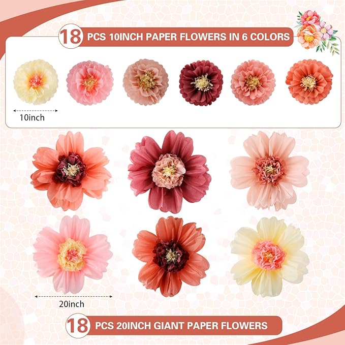 Crowye 36 Pcs Large Colorful Tissue Paper Flowers Decorations 20" Giant Fiesta Crepe Paper Flowers for Wall Decor Backdrop Mexican Wedding Birthday Baby Shower Carnival Party Craft (Vintage Color)