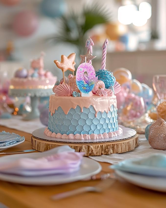 Mermaid Themed Birthday Candles, Number 0 Girls Glitter Birthday Party Supplies,Anniversary Party Decor,2.87 inch Cake Topper Decorations (Mermaid Themed, Number 0)