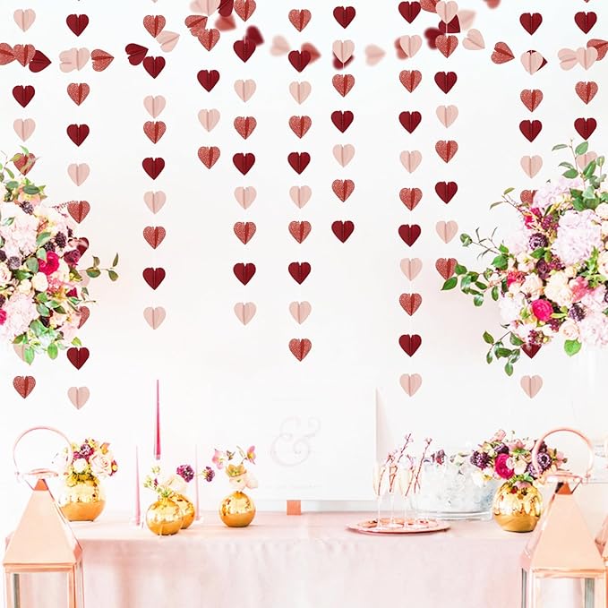 Rose-Gold Pink Burgundy-Red 3D-Heart Garland - 39Ft Party Decorations Hanging Paper Streamers Banner,Engagement Wedding Bachelorette Baby Bridal Shower Decor Ouruola