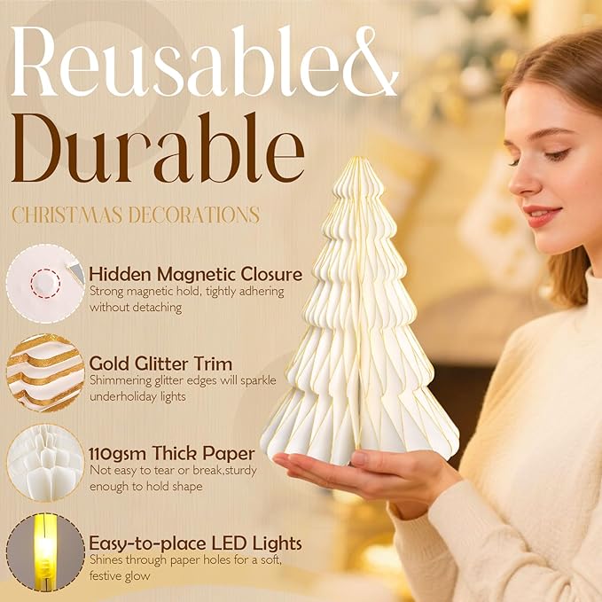 5 Pcs Christmas Table Decorations Indoor, 3D Honeycomb Paper Christmas Trees, Light Up Vintage Table Centerpieces for Christmas Winter Wonderland Holiday Party Weddings Home Decor, 8/10/12 Inch