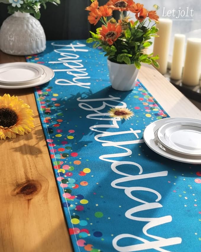 Letjolt Happy Birthday Table Runner 72 Inches Birthday Centerpieces for Tables Birth Day Party Sign Polka Dots Table Decoration, Blue