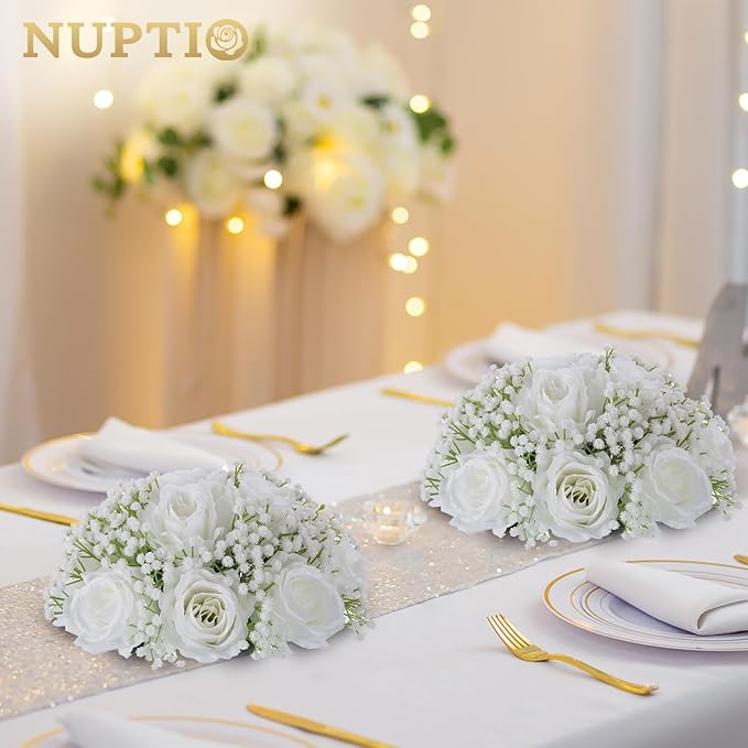 NUPTIO Babys Breath Artificial Flowers: 10 Pcs 8.6 inch Diameter White Rose Ball Fake Arrangement Bouquet for Wedding Centerpiece Event Party Tables Decorations