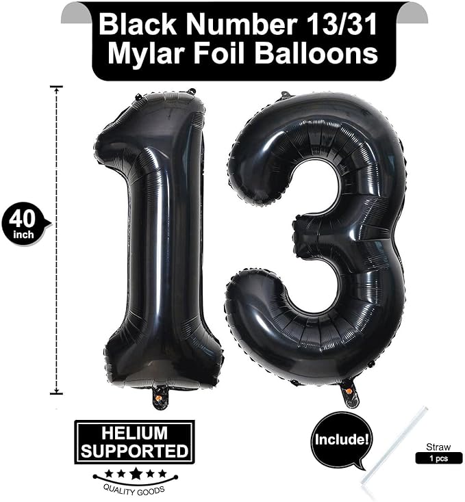 40 Inch Black 13 Number Balloons Giant Jumbo Huge 13 or 31 Foil Mylar Helium Number Digital Balloons Black Birthday Mylar Digital Balloons 13th 31st Birthday Anniversary Events Party Decorations