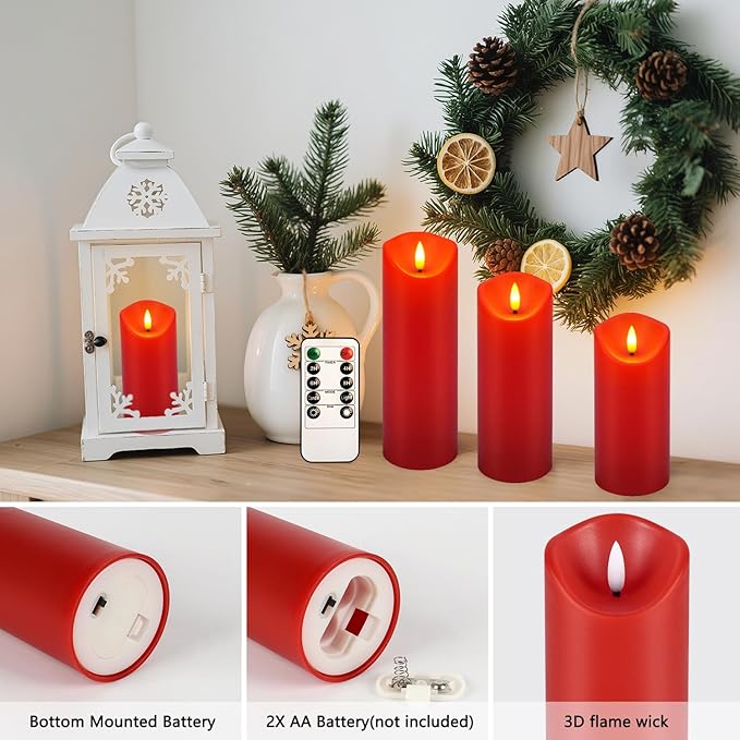 LED Flameless Candles with Remote, Set of 24 Red Flickering Candles, Battery Operated Realistic Pillar Candles for Halloween, Christmas, New Year, Home Decor, Parties