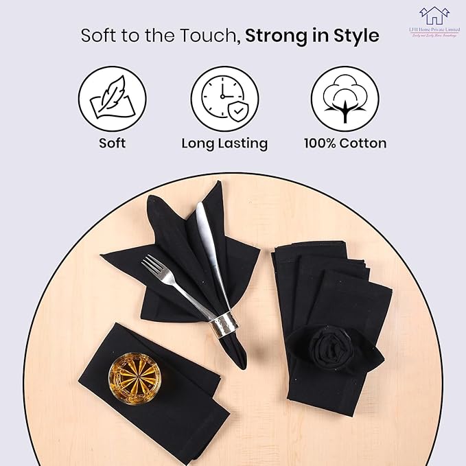 LFH Home Cotton Rich Metered Napkins for Dining Table Set of 12, Elegant Cloth Napkins for Wedding Party or Everyday Use Machine Washable Durable Reusable and Soft for Hosting 18x18 Inch - Black