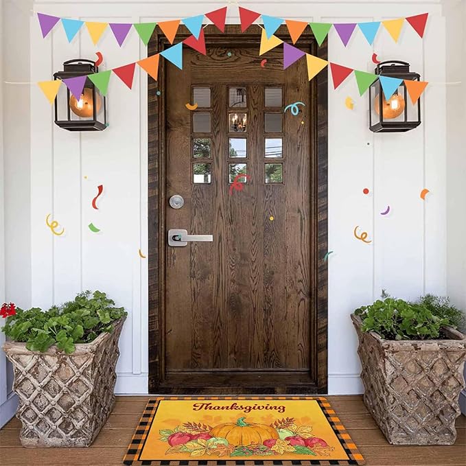 InterestPrint Happy-Thanksgiving Welcome Harvest Pumpkin Door Mat Front Door Outdoor Doormat Outside Entrance Porch Non Slip Rubber Rug Autumn Thanksgiving Farmhouse Decor, 24"x16"inch
