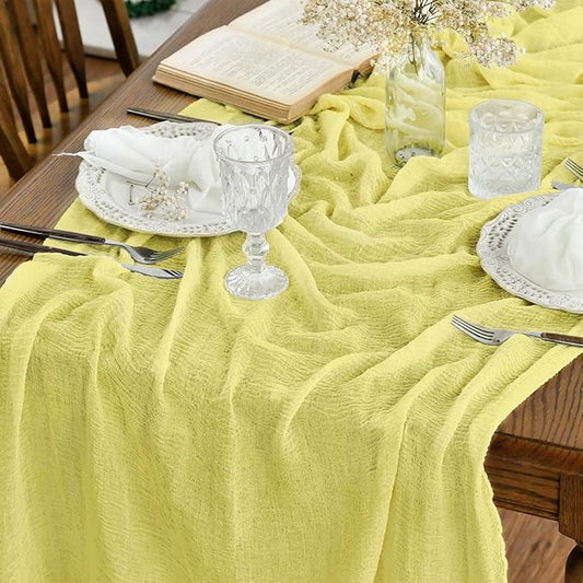 Artoid Mode Boho Light Yellow Gauze Wedding Table Runner, 120 Inch Seasonal Fabric Kitchen Dining Holiday Table Decor for Home Party Indoor