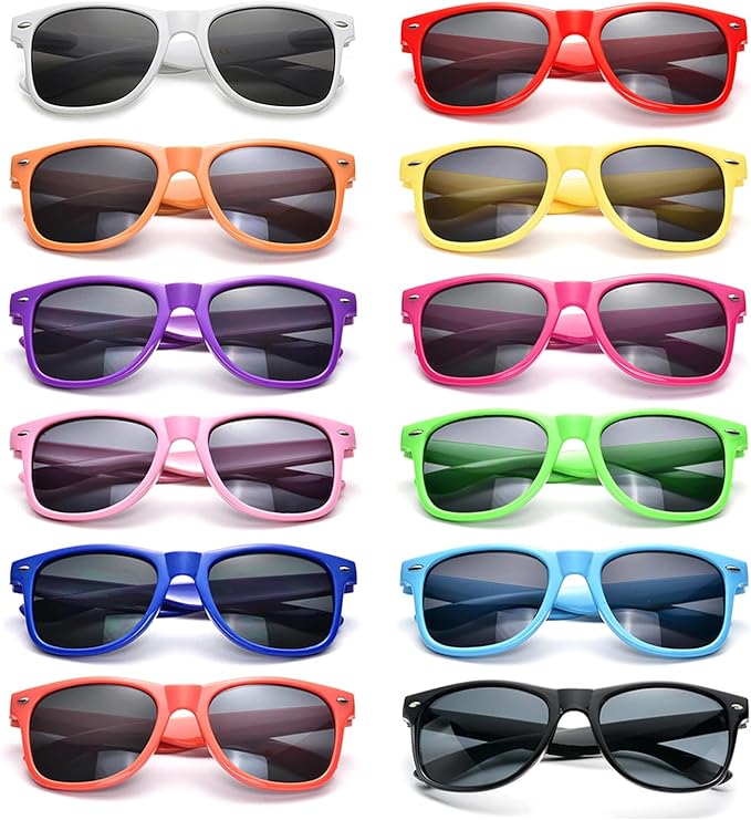 SUNOVELTIES 12/24 Pack Neon Party Sunglasses Mirrored/Jelly Lens Bulk Glasses Horn Rimmed Eyewear for Men Women