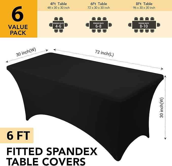 6-Pack Premium Black Spandex Tablecloths for 6ft Rectangle Tables, Stain & Wrinkle-Resistant, Washable Stretch Polyester Fitted Table Cover for Weddings, Banquets, Trade Shows Events