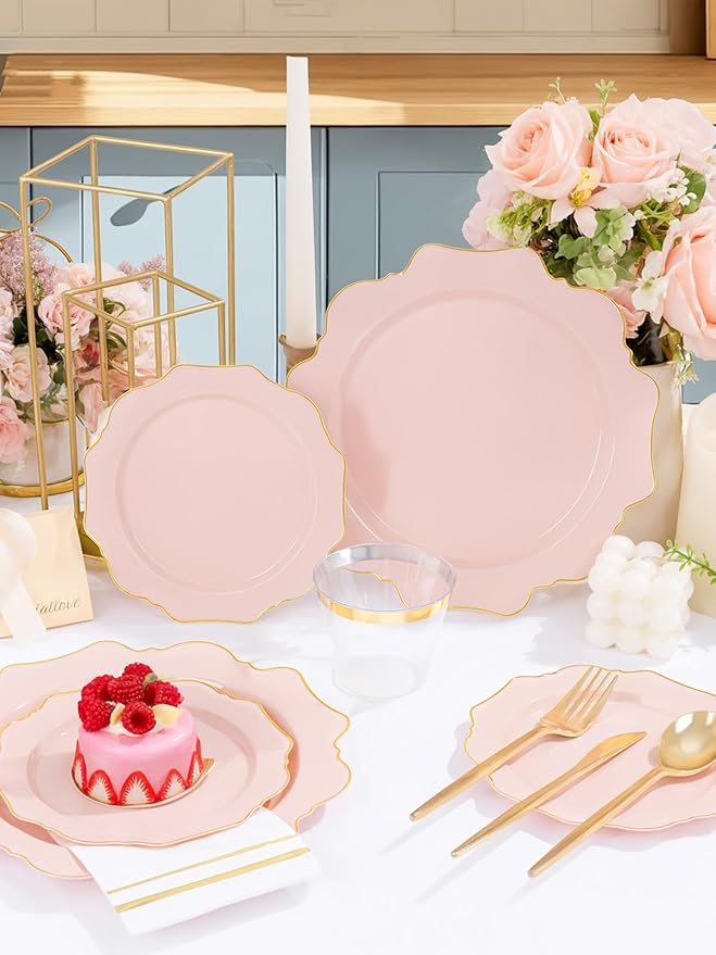 WDF 350Pcs Pink Plastic Plates - Pink and Gold Disposable Plates 50Guest Plastic Dinnerware for Baby Shower/Birthday/Wedding