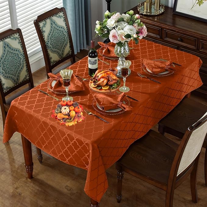 SASTYBALE Rust Jacquard Damask Tablecloth - 60x120 Inch Rectangle (Fits 10-12 Seats) - Fall Thanksgiving Decor - Water Resistant, Wrinkle-Free Polyester, Rustic Harvest Dining Cover for Parties