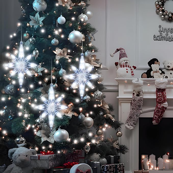 3Pcs Christmas Window Lights Decorations with Timer,Battery Powered Christmas Window Hanging White Lighted Lucky Star Shaped LED Sucker Lamp for Xmas Tree Fireplace Window Indoor Outdoor Decor