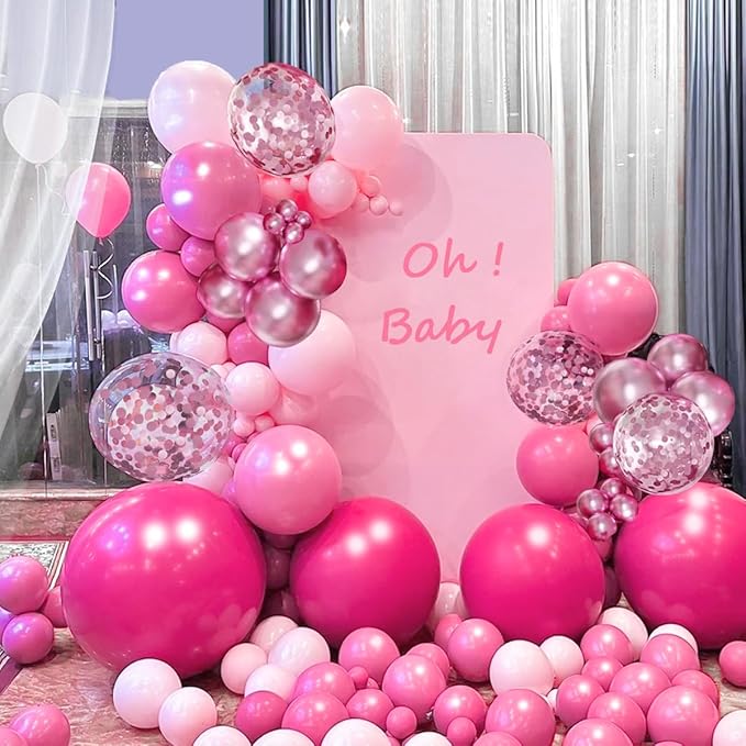 Pink Balloon Garland Arch Kit, 156 Pcs Hot Pink Light Pastel Pink Metallic Balloons Different Size 18 12 10 5 inch for Baby Shower Bridal Birthday Princess Wedding Party Decorations