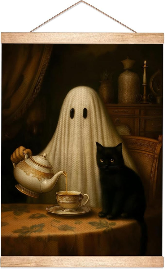 Rustic Ghost and Black Cat Wall Art 18.5x14 Inch,Fun Ghost Linen Canvas Wall Hanging Poster Decor, Retro Gothic Haunted House Theme Wall Poster for Library Reading Corner,Halloween Decorations (BLK04)