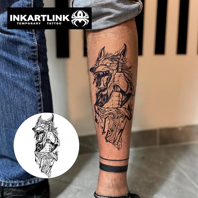 INKARTLINK Tattoo Tech, 2 Sheets Large Semi Permanent Tattoo, Adult Art Design Temporary Tattoos, Lasts 1-2 Weeks, Waterproof, Realistic Look, No Reflection (Wolf Sword)