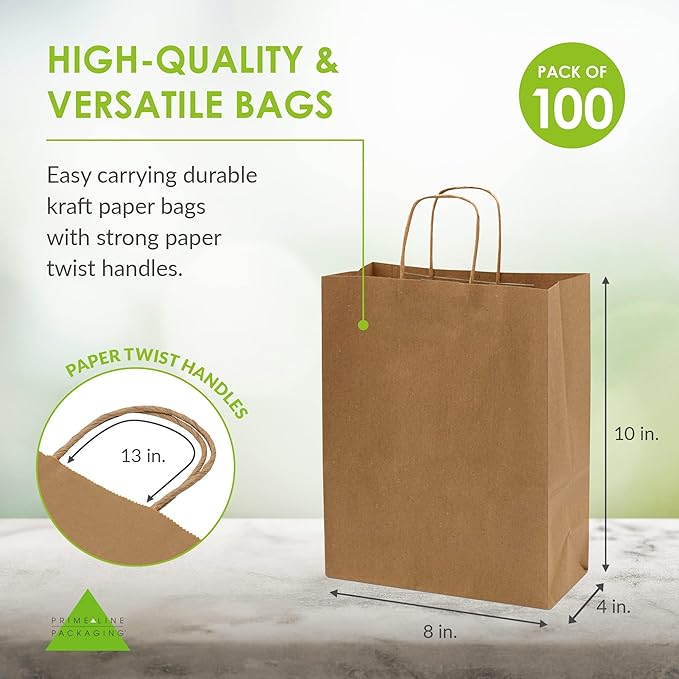 Prime Line Packaging Brown Paper Bags with Handles, Kraft Gift Bags for Small Business, Shopping, Retail Store, Boutique, Merchandise, Bulk, 8x4x10, 100 Pack