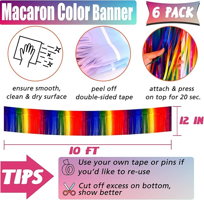 6 Pack 10 Feet Foil Fringe Garland Metallic Tinsel Banner Wall Hanging Curtain Streamers Backdrop for Parade Floats Bachelorette Wedding Birthday Party Thanksgiving Christmas Decorations(Rainbow)