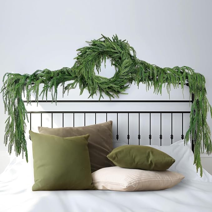 2 Pcs Artificial Norfolk Pine Garlands, Christmas Real Touch Winter Pine Garland, Green Artificial Greenery Cedar Garland for Mantle, Table, Wall, Indoor, Outdoor Christmas Decorations