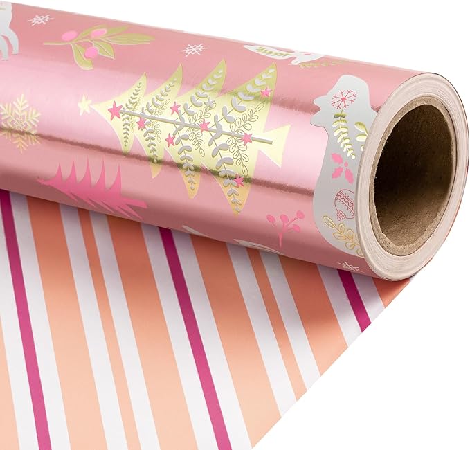 RUSPEPA Christmas Reversible Wrapping Paper Roll for Girls, Mini Roll, Rose Gold Foil Reindeer, Polar Bear, Tree, Floral Design, Pink White Stripes Gift Wrap for Holiday Gifts, 17 Inches x 32.8 Feet