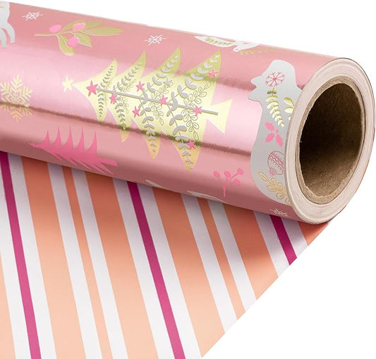 RUSPEPA Christmas Reversible Wrapping Paper Roll for Girls, Mini Roll, Rose Gold Foil Reindeer, Polar Bear, Tree, Floral Design, Pink White Stripes Gift Wrap for Holiday Gifts, 17 Inches x 32.8 Feet