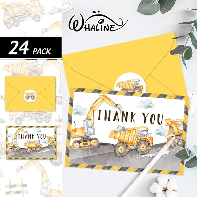 Whaline 24 Pcs Construction Thank You Cards Greeting Cards with Envelopes Stickers Yellow Dump Truck Digger Excavator Blank Note Cards for Birthday Baby Shower Party, 4 x 6 Inch