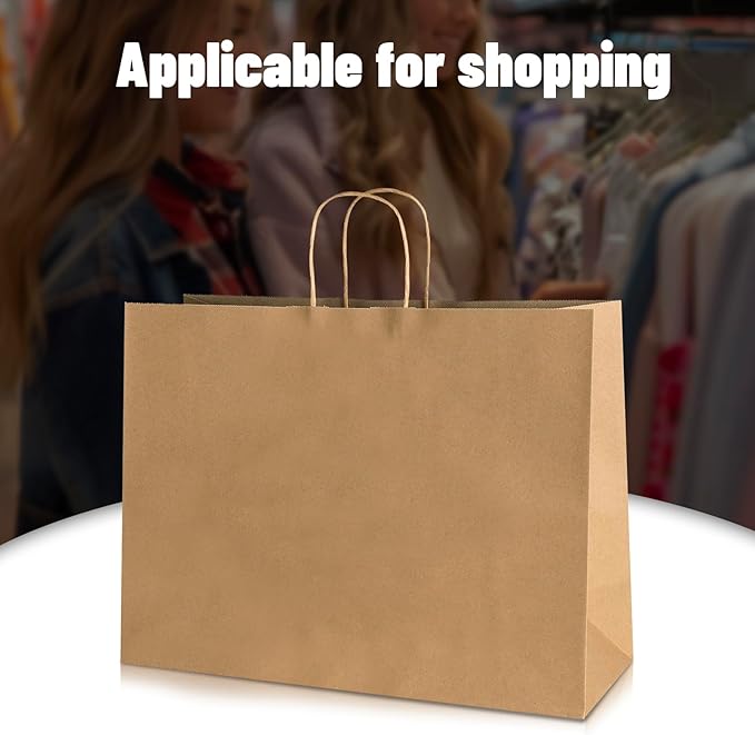 bagmad 100 Pack 16x6x12 Inches Large Plain Natural Brown Kraft Paper Bags with Handles Bulk for Shopping Wedding Grocery Retail Merchandise Business Craft Gift Bags(100 Count)