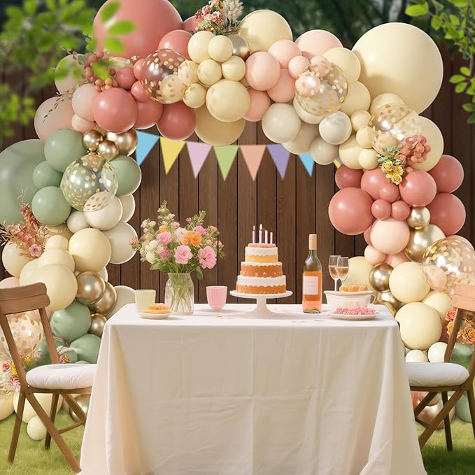 Amandir 173Pcs Dusty Pink Yellow Mist Green Balloon Arch Garland Kit Pastel Peach Mauve Ivory White Sand Confetti Balloons for Fall Bear Baby Shower Summer Birthday Wedding Floral Party Decorations