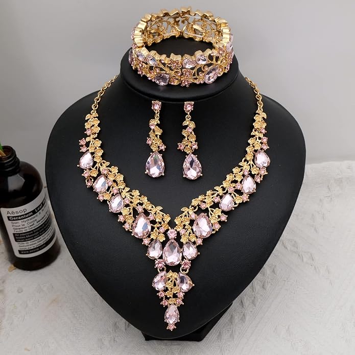 CSY Elegant Crystal Costume Jewelry Sets Flower Bridal Necklace Earrings Stretch Bangle Set for Bride Bridesmaid Wedding Dress Accessories