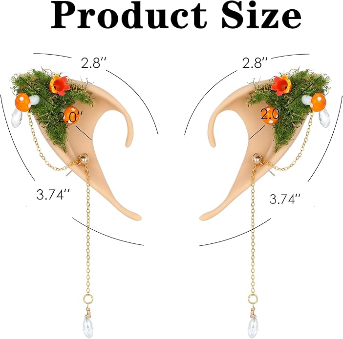 FRESHME Forest Mushroom Elf Ears, Soft Fairy Ears with Mushroom Moss and Flower Elven Ear Cuffs Halloween Renaissance Cosplay