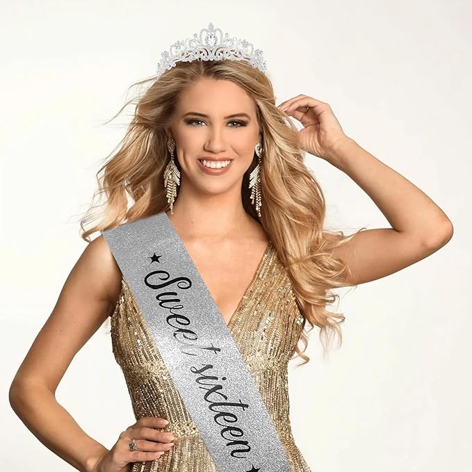 Sweet 16 Birthday Crown and Sash for Girls, Sweet 16th Sashes and Tiara Set, 16th Birthday Party Decorations for Women Accessories Gifts for Girl