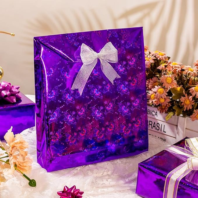 Yarcony Purple Wrapping Paper Roll, Holographic Butterfly Wrapping Paper - 17 Inch x 33 Feet - Shiny Iridescent Butterflies Design Thick Purple Gift Wrap for Birthday, Wedding, Christmas, Halloween