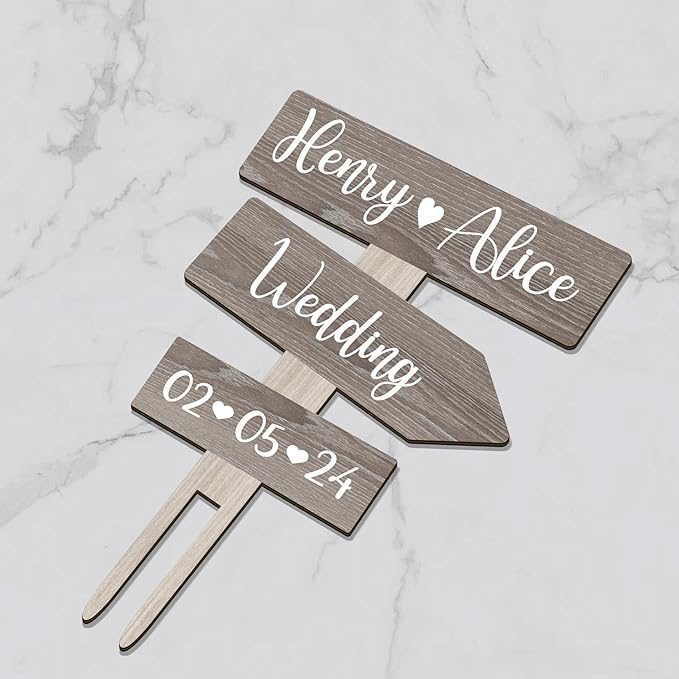 Personalized Rustic Wedding Cake Topper in Wood Custom Bride & Groom Names Initials Wedding Date Cake Decoration (Gray)